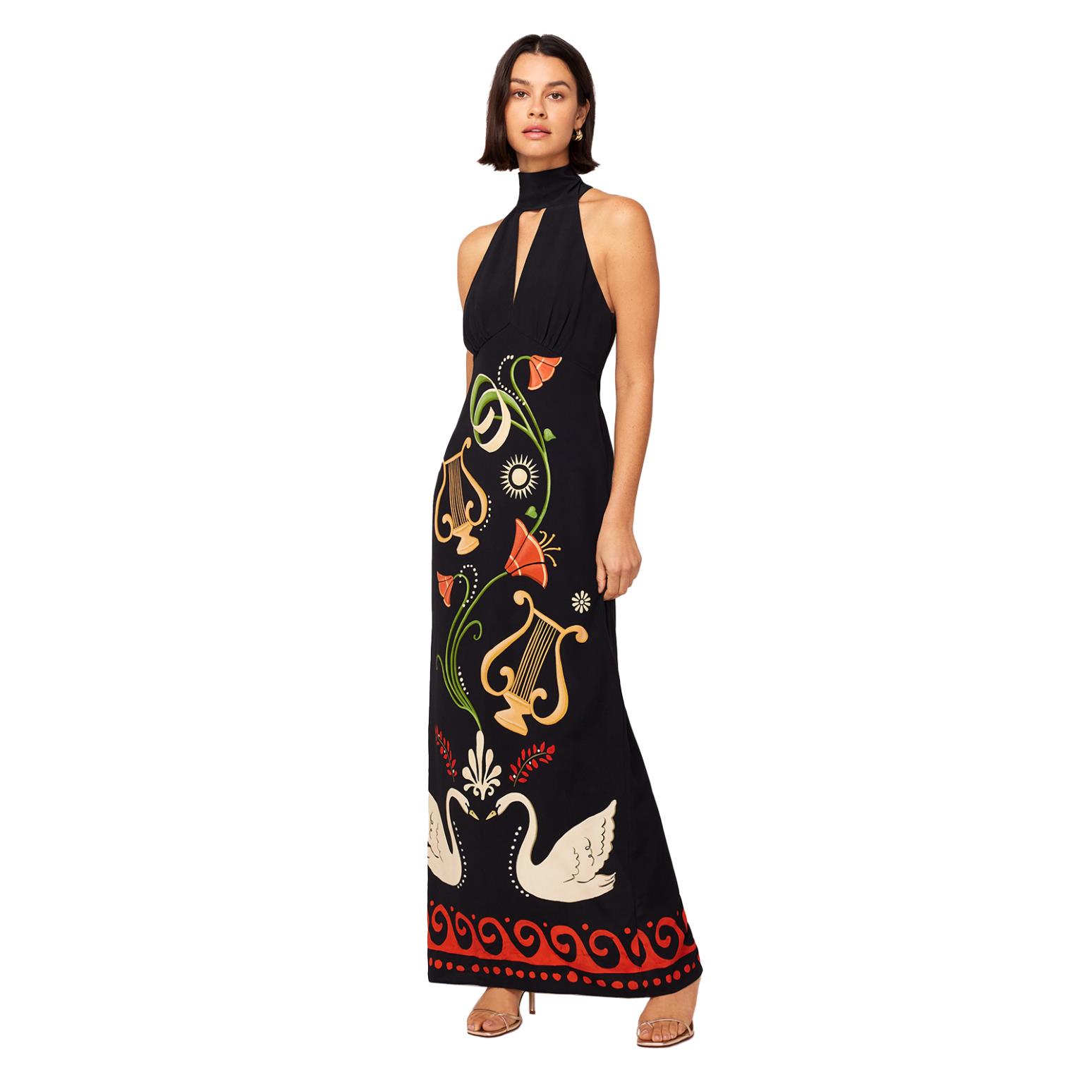 KITRI Jacquetta Black Cygnus And Lyra Print Halterneck Maxi Dress